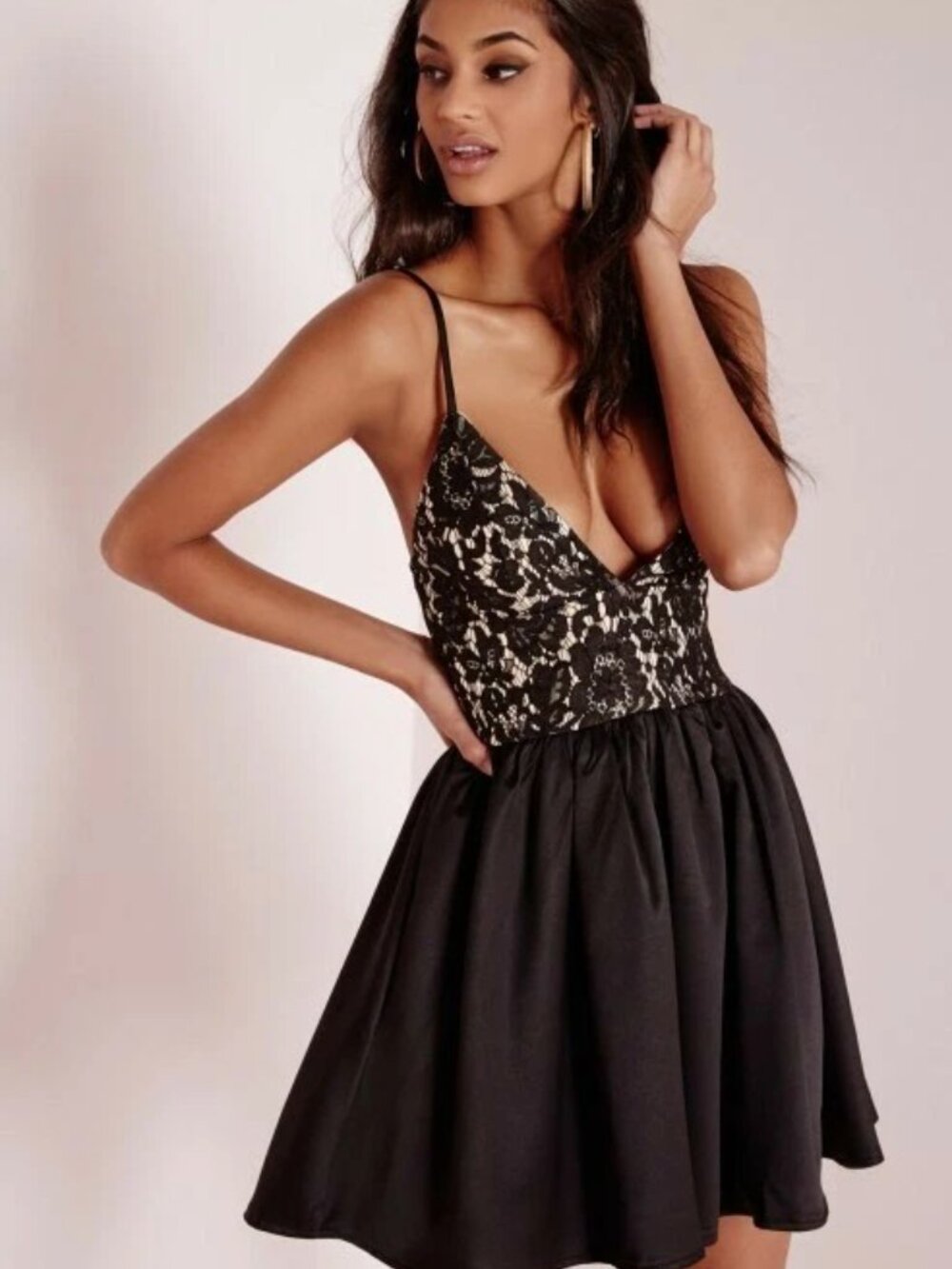 MISGUIDED Black/Tan Lace Top Puffball Skater Cocktail Dress